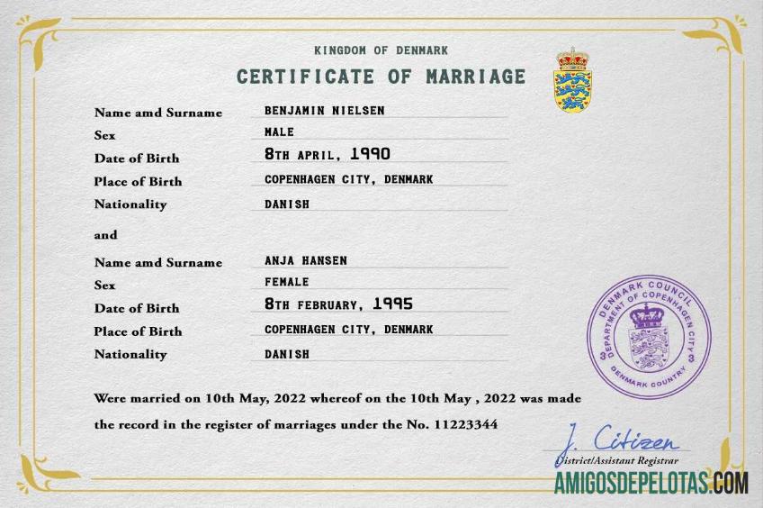 Realista modelo PSD de certidão de casamento na Dinamarca